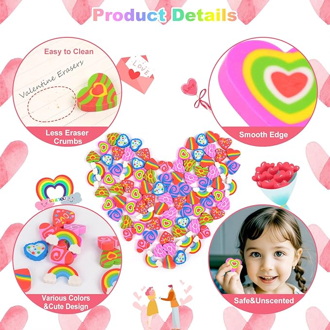48pcs Large Erasers for Kids Bulk Heart Rainbow Pencil Erasers for Classroom - Image 3