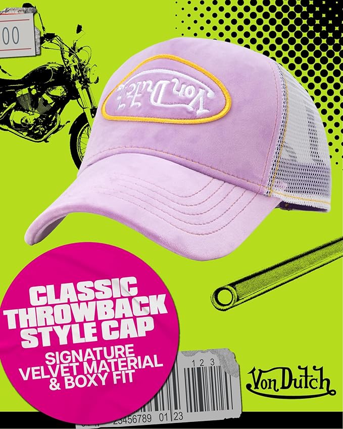 Von Dutch Unisex Trucker Hat - Velvet Curved Bill Mesh Back Retro Classic Adjustable Snapback Baseball Cap for Men and Women