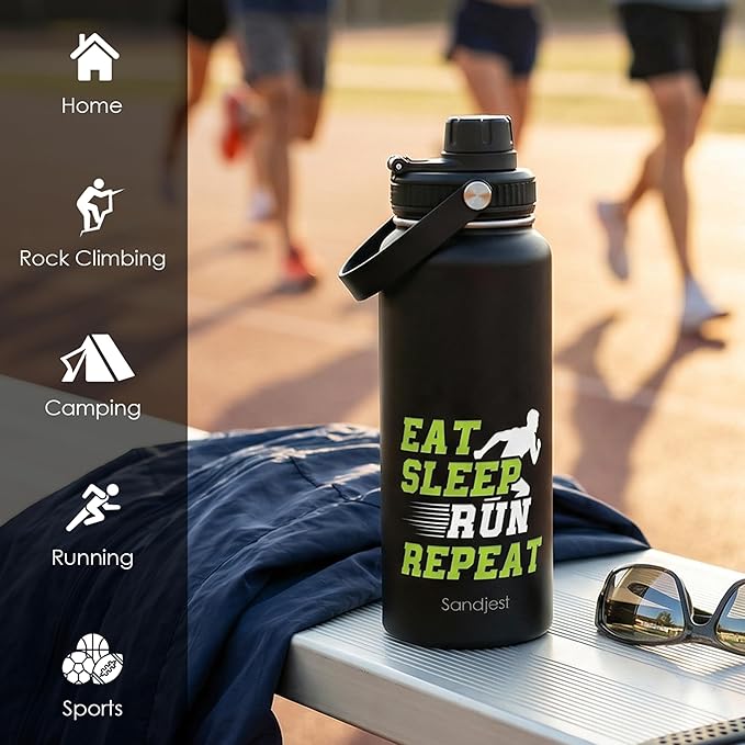 SANDJEST Running Insulated Stainless Steel Water Bottle 32oz, Eat Sleap Run Repeat, Vacuum Chug Lid Travel Tumbler for Men Friends Dad Brothers Runners, Gift for Birthday Christmas