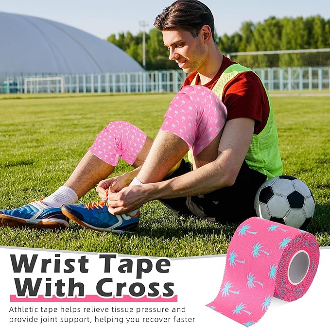 TrelaCo 1 Pcs Wrist Tape Baseball Cross Christian Athletic Tape 2in x 23ft Sports Wrap Cotton for Football Hockey Soccer Baseball Fingers Ankles Wrist Injury Wrap (Coconut Tree,Pink)