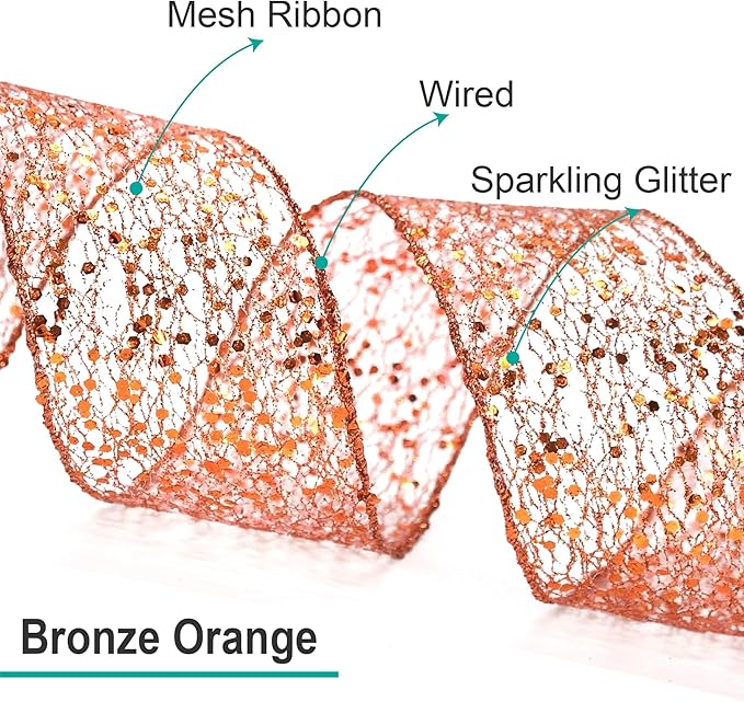 CT CRAFT LLC Sparkling Glitter Mesh Wired Ribbon 2.5" x 10 Yards Bronze Orange - Image 2