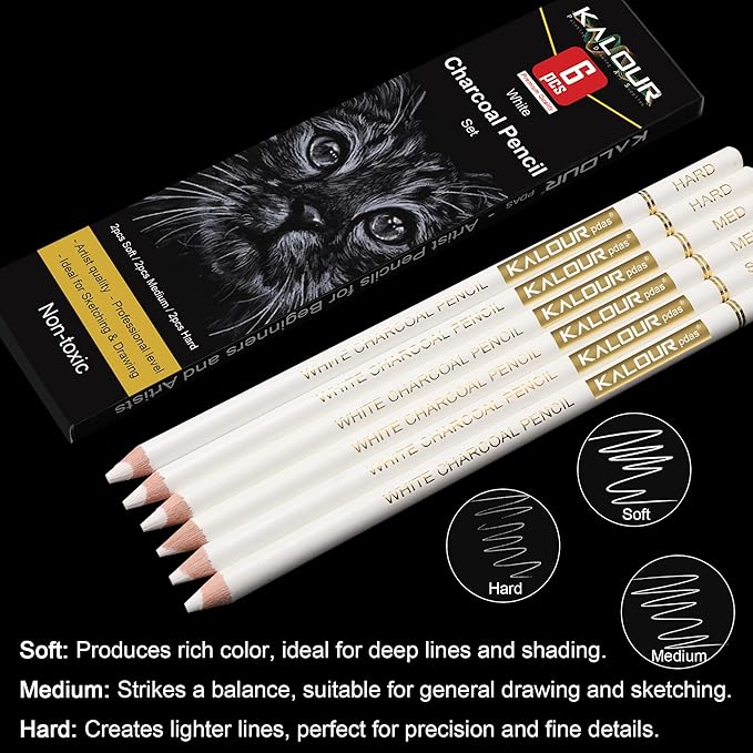 KALOUR White Charcoal Pencils Drawing Set, Professional 6 Pieces White Sketch - Image 3