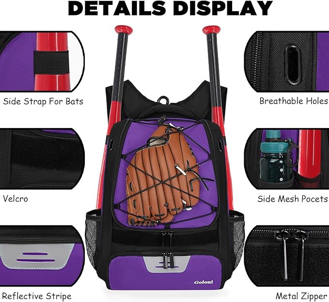 Goloni | Baseball Backpack,Baseball Bag for Adult,Softball Bat Bag with Shoes Compartment,Large Main Compartment for Helmet & accessories, Fence Hook