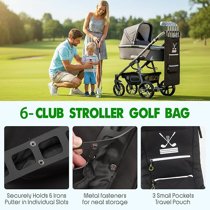 Universal Golf Stroller Attachment,Stroller Golf Bag for 6 Clubs + Putter,Golf Club Holder for Stroller with 3 Storage Pockets,Baby Caddy Golf Bag with Travel Pouch,Perfect Golf Gift for Parents