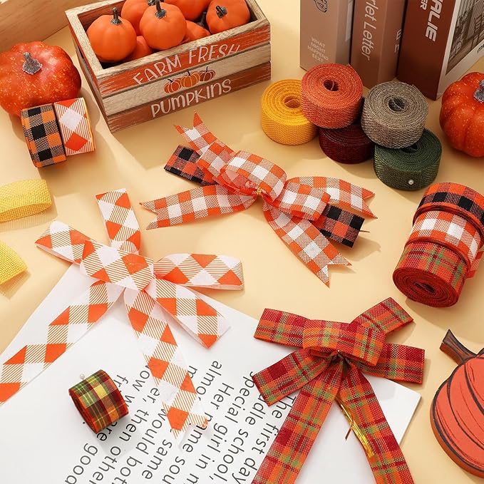 10 Rolls 50 Yard Fall Plaid Burlap Ribbon Rolls 1 Inch Autumn Gift Wrapping - Image 4