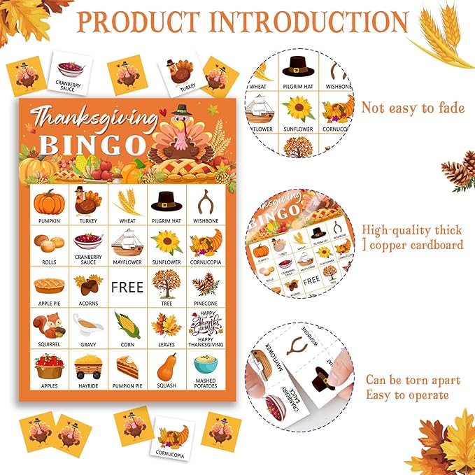Thanksgiving Bingo Game Cards, Autumn Party Games, 24 Players Thanksgiving - Image 3