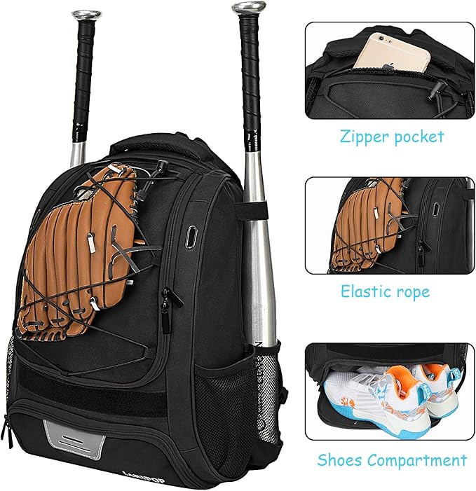 LARIPOP Youth Baseball Bag, Bat Backpack with Fence Hook & Separate Shoe Compartment, Waterproof Equipment Bag for Baseball, T-Ball & Softball