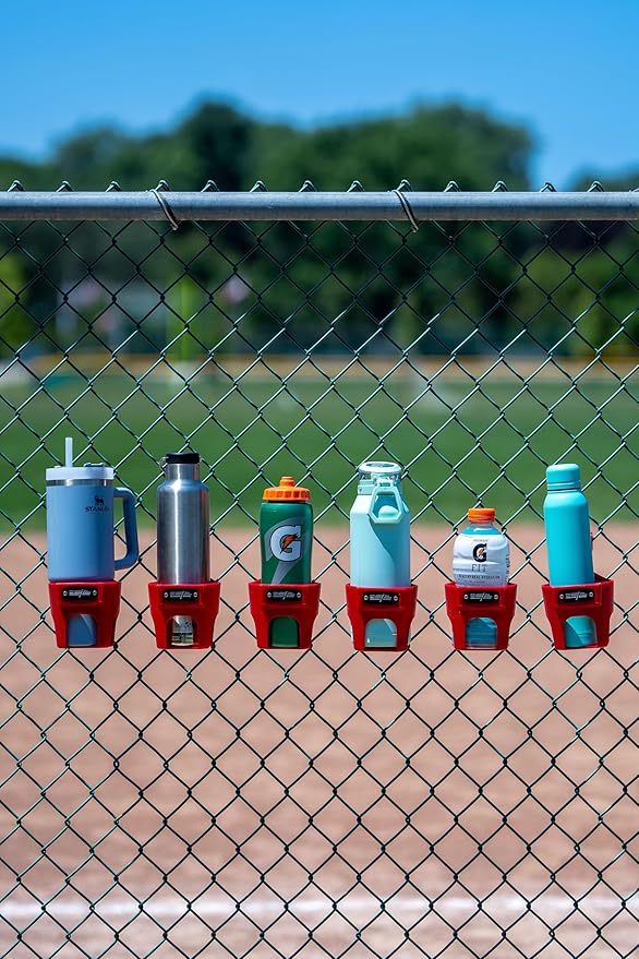 Fence Cup Holder | Drink Holder for Chain Link Fence | Fits Stanley, Yeti & Gatorade | Baseball Dugout, Softball, Pickleball & Tennis | Made in USA | The Fence Buddy (Red)