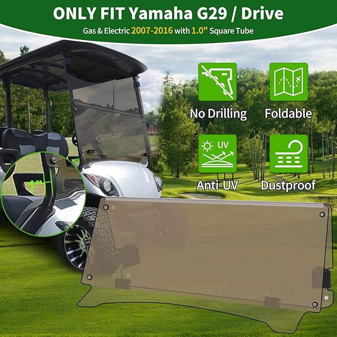 Golf Cart Foldable Windshield 3/16" (5MM) Thicken Only Fits 2007-2016 Yamaha G29/Drive, Fits 1"×1" Struts Rail Front Folding Acrylic Windshield Replacement, Included Mounting Hardware