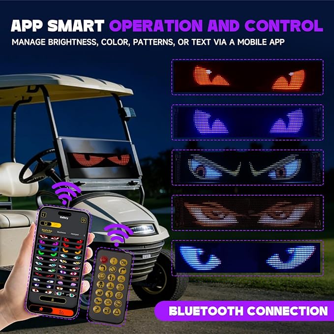23x5inch Golf Cart Devil Eyes Light Sign, Programmable Flexible Screen for Windshield, DIY Dynamic Programmable with App Control fit for Golf Cart Trucks Suvs Decor