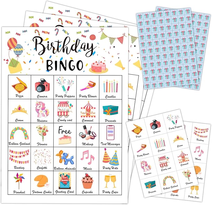 Birthday Party Bingo Game Cards, Birthday Bingo Card by mermermu