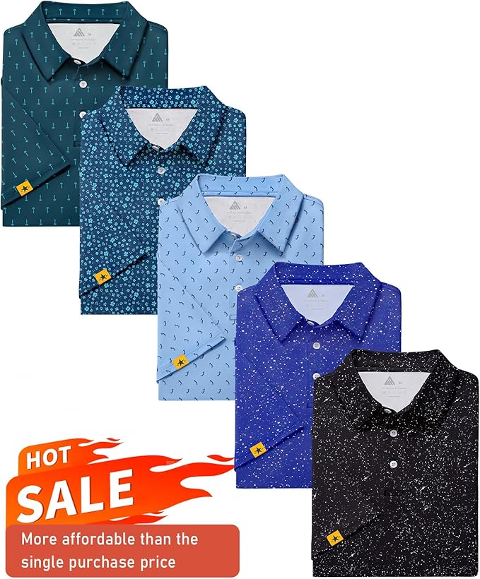 ZITY 5 Pack Mens Golf Shirt Short Sleeve UPF 50+ Moisture Wicking Performance Print Patterns Casual Golf Polo Shirts for Men