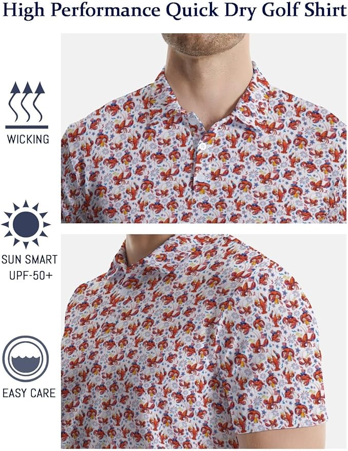 HUURAY Funny Golf Polos for Men Funny Print Short Sleeve Shirts Quick Dry Polo Shirts Hawaiian Shirt Performance Golf Outfits