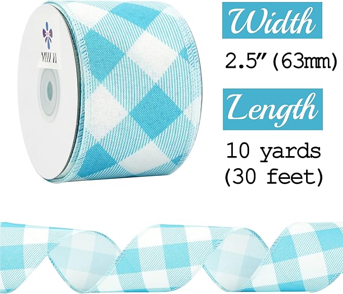 MEEDEE Blue and White Check Ribbon Christmas Wired Ribbon Blue White Burlap - Image 2