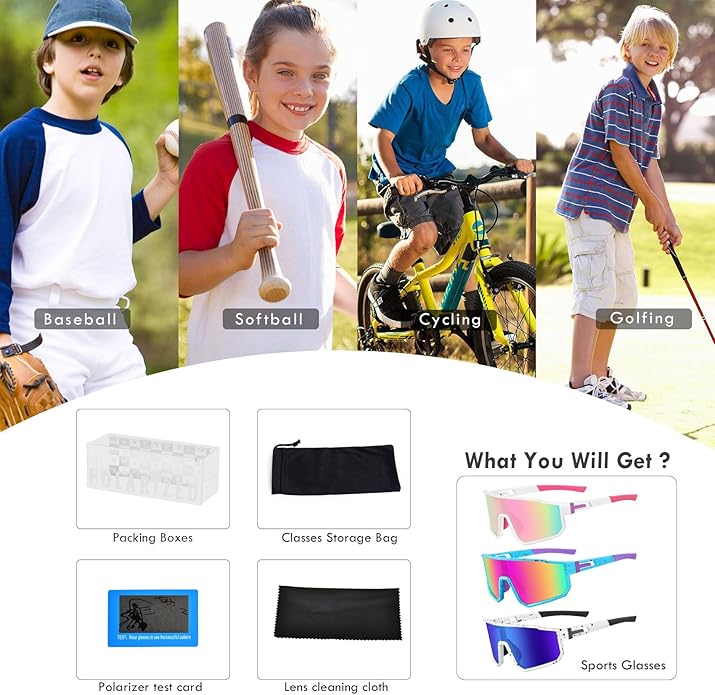 MVPTGRS Youth Baseball Sunglasses for Boys Girls Age 8-14 TR90 Frame Kids Sport Sunglasses for Softball Cycling Baseball Golf