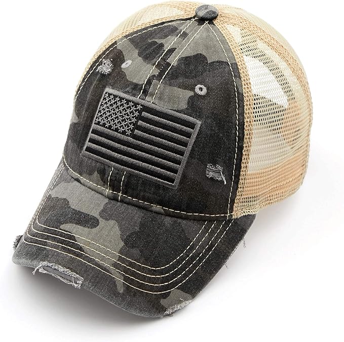 Funky Junque Trucker Hat for Women – Distressed Low Profile Western Camo Baseball Cap with Mesh, Trendy and Adjustable Fit