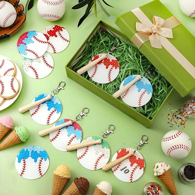 Cunno 12 Sets Baseball Ice Cream Drip Acrylic Keychain Blank DIY Kit Bulk Baseball Ice Cream Theme 3 Inch Acrylic Keyring with Swivel Snap Hook Keychain for Team Gifts Sport Party Favors