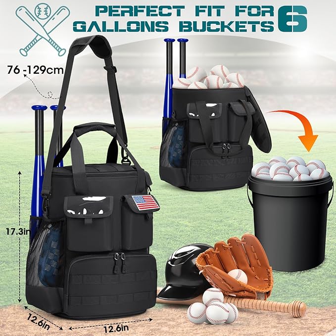 RAINSMORE Baseball Bucket Bag Baseball Coaches Accessories Organizer with Insulation Pocket Tactical Softball Bag with Anti-Slip Bottom, Multiple Pockets for Bat, Gloves, Scoreboards