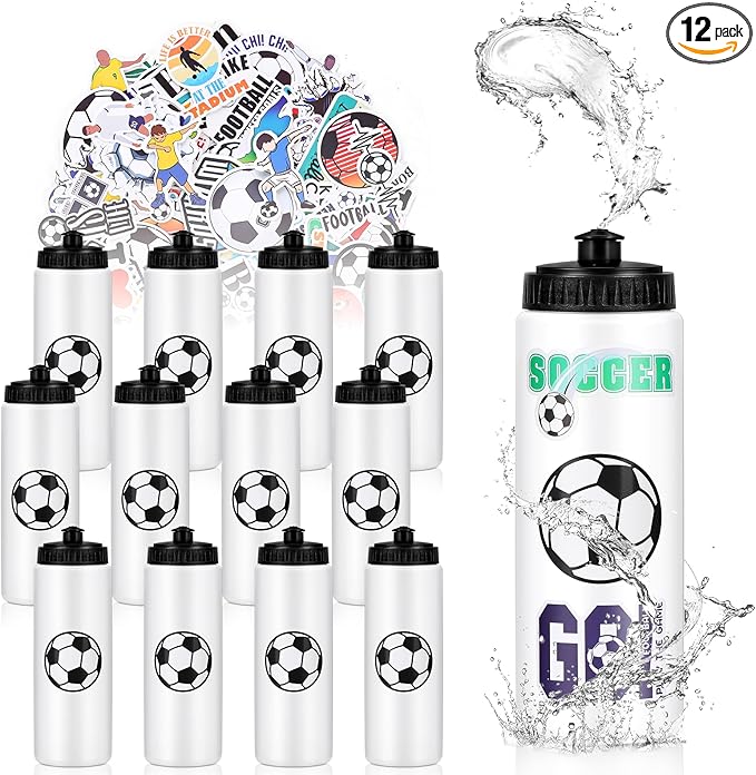 DI QIU REN 12 PCS Soccer Water Bottle Bulk with 300 PCS Stickers, 20 OZ Plastic Reusable Soccer Water Bottles for Boys, Squeeze Water Bottles Sports for Team, Sports Bottles Squeeze for Gym