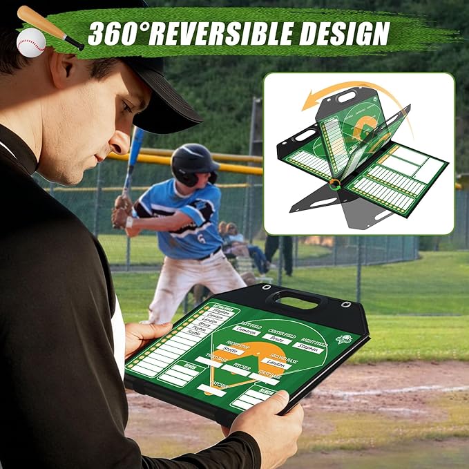 Magnetic Baseball Lineup Board for Dugout | Leather Cover, Foldable Coaching Board for Baseball & Softball with Carry Handle, Includes 40 Lineup Cards,Scoreboard, 2 Markers, Eraser, 4 Carabiners & Bag