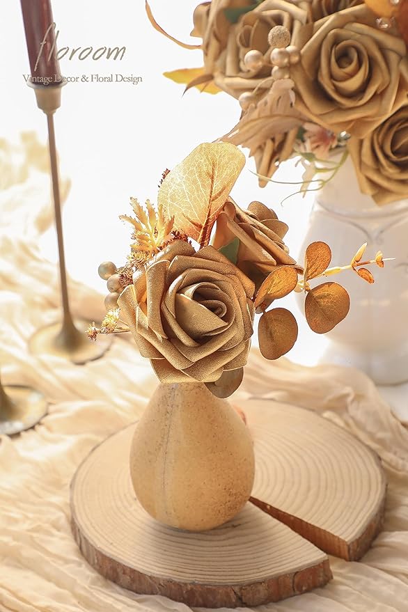 Floroom Artificial Flowers 25pcs Real Looking Antique Gold Foam Fake Roses - Image 4