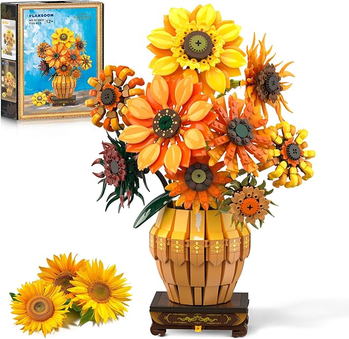 Sunflower Building Set with Lights Vase Base, Flowers Botanical Collection by PLAXSOON