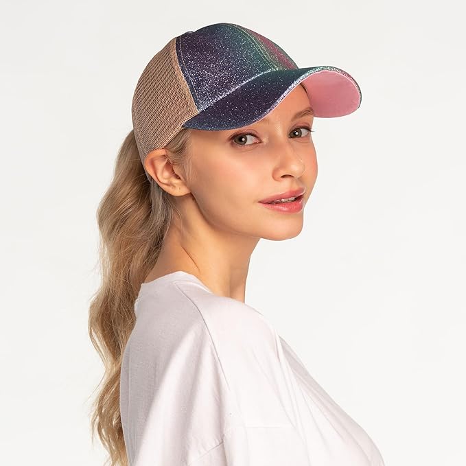 C.C Ponycap Messy High Bun Ponytail Adjustable Glitter Mesh Trucker Baseball Cap