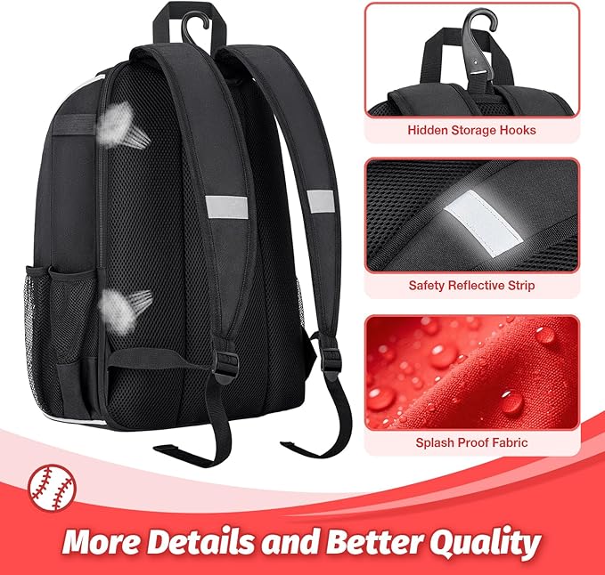 Youth Baseball Bag - Baseball Backpack Bat & Glove Holder, T-Ball & Softball Equipment & Gear,Large Main Compartment for Helmet & accessories, Fence Hook，Insulation Pocket