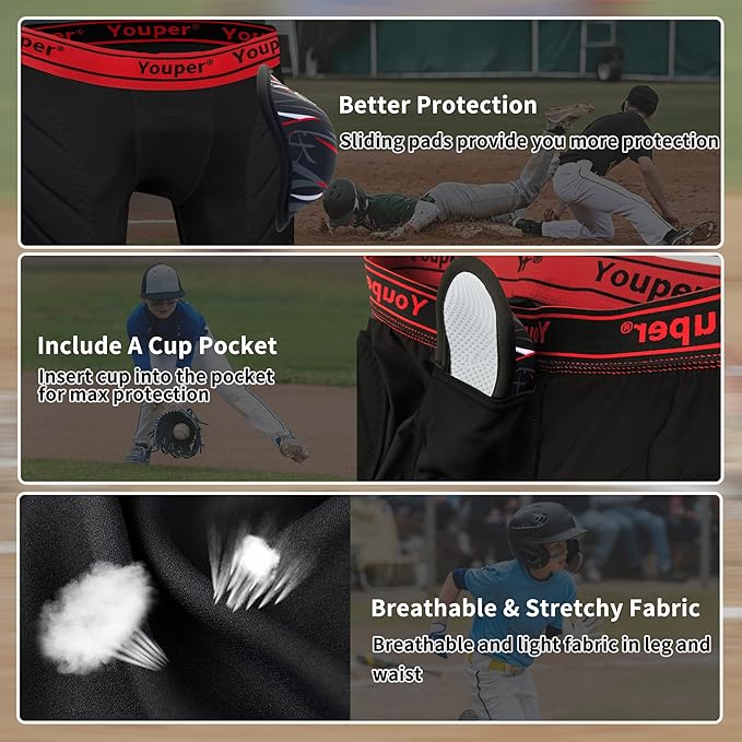 Youper Boys Youth Padded Sliding Shorts with Soft Protective Athletic Cup for Baseball, Football, Lacrosse