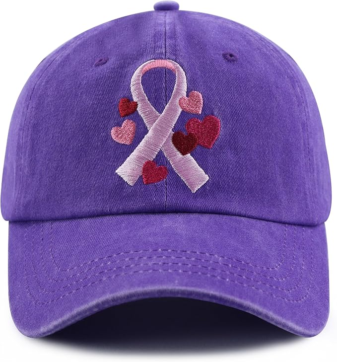 Fight Breast Cancer Hats for Women, Cotton Embroidered Pink Ribbon Little Heart Baseball Cap