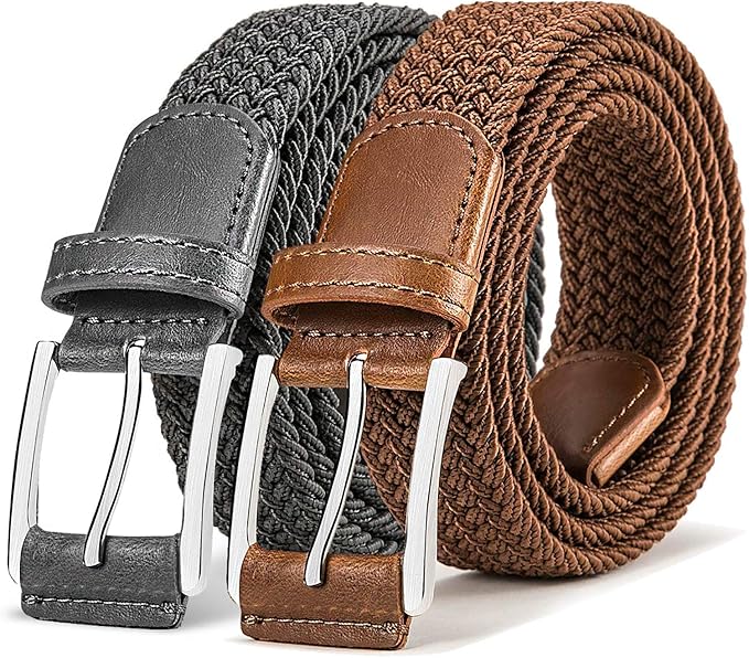 BULLIANT Belt for Men 2Pack,Mens Gift Stretch Braided Web Belt Elastic for Casual Golf Jeans,1 3/8"