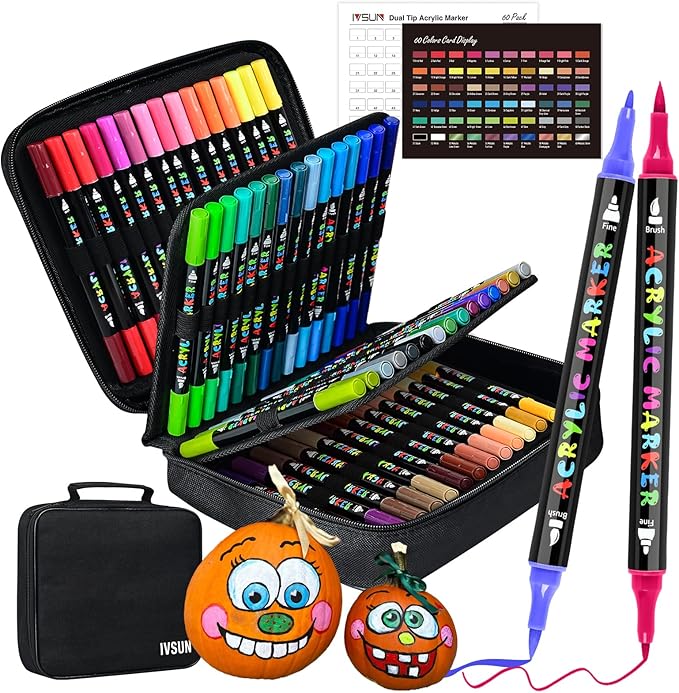 IVSUN Acrylic Paint Pens, 60 Colors Dual Tip Paint Markers by IVSUN