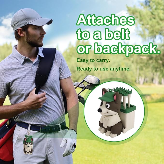 Penitue Dog Caddy Golf Tee Holder Bag Accessories, Including 8 Golf Ball Tees Creative Cute Puppy Holder Set for Women Men Golfers Attaching to Backpack Shoulder Bag Belt