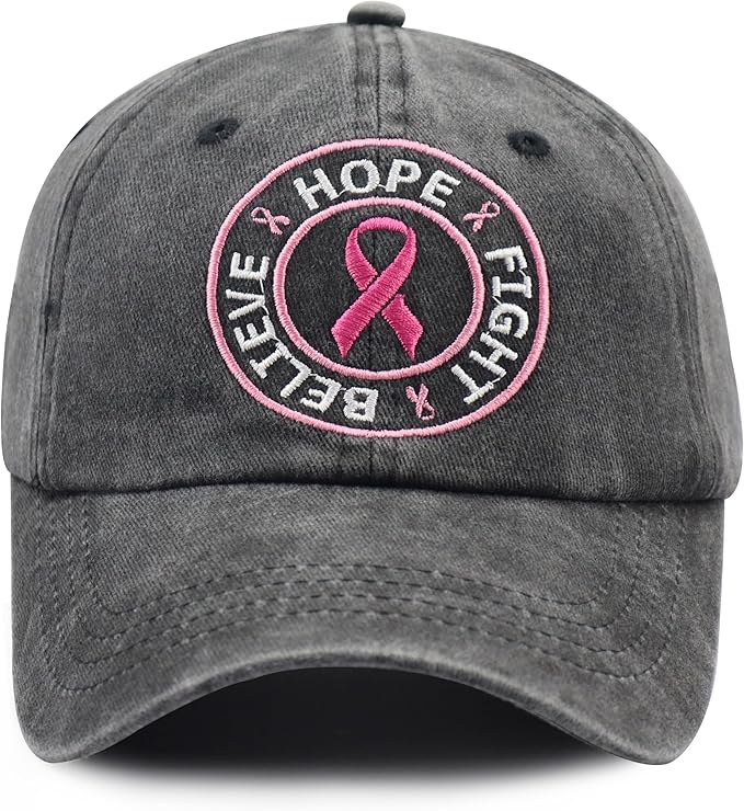 Believe Hope and Fight Hat for Women, Adjustable Cotton Embroidered Pink Ribbon Breast Cancer Baseball Cap