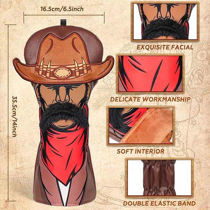 Craftsman Golf Golf Club Head Covers,Funny Driver Headcover Cowboy Design Golf Club Cover, Brown Driver Headcover Fit up tp 460cc Golfing Gift for Men Women