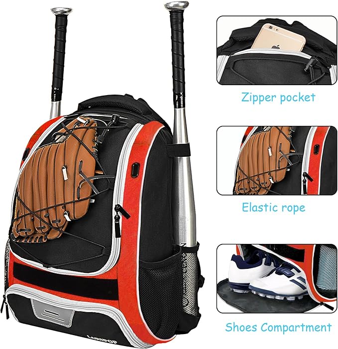 LARIPOP Youth Baseball Bag, Bat Backpack with Fence Hook & Separate Shoe Compartment, Waterproof Equipment Bag for Baseball, T-Ball & Softball