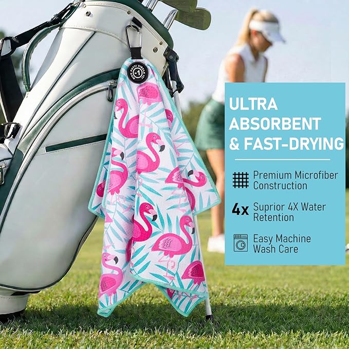 Magnetic Golf Towel 16x24 Ultra Absorbent Waffle Microfiber, Strong Magnet for Cart Clubs, Spot-Clean Design Golf Accessories Gifts for Men(Pink-Flamingo)