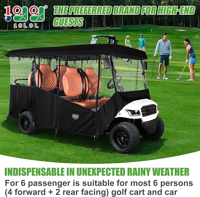 10L0L Golf Cart Enclosures Fits 6 Passenger Golf Cart Rain Cover, 600D Waterproof Driving Enclosure with Clear PVC Windshield for Extended Roof Golf