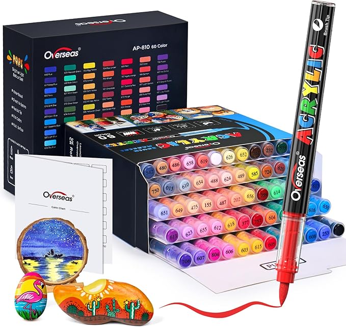 Overseas Acrylic Paint Markers 60 Colors, Brush Tip Paint Pens by Overseas