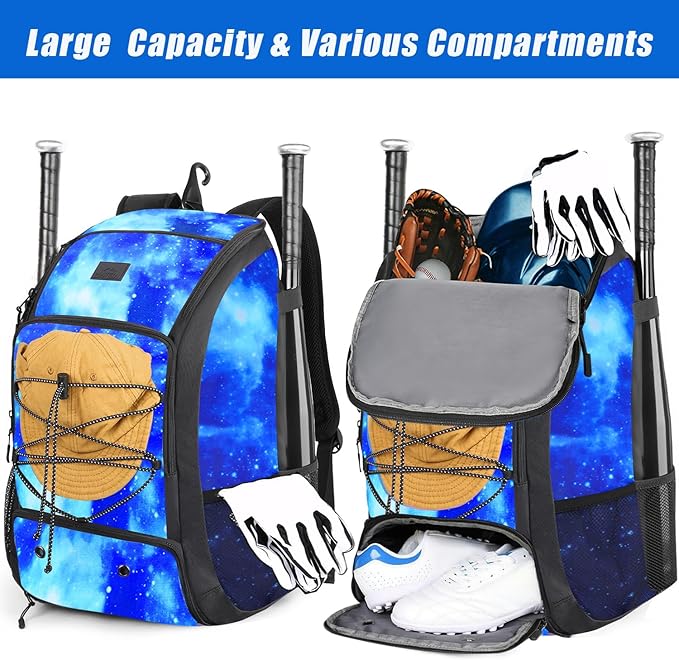 MATEIN Baseball Backpack, Softball Bat Bag with Shoes Compartment for Youth, Boys and Adult, Lightweight Baseball Bag with Fence Hook Hold TBall Bat, Batting Mitten, Helmet, Caps, Teeball Gear