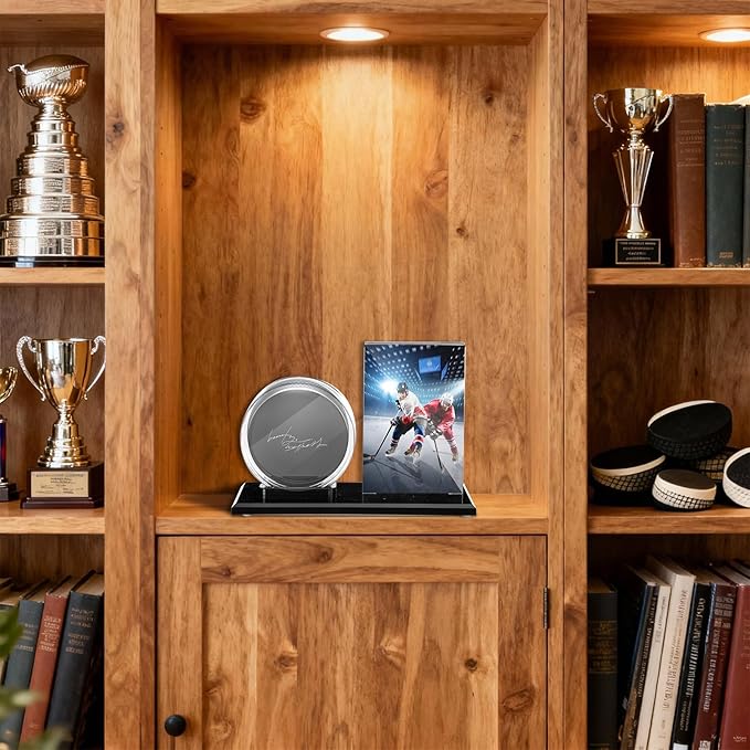 DoubleFill Hockey Puck and Card Display Case Acrylic Clear Holder Black Base Ring Stand Set Hockey Puck Centerpieces Protector Memorabilia Showcase