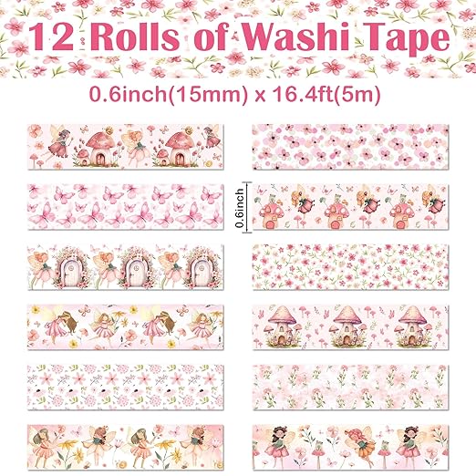 12 Rolls Fairy Washi Tape Set, Fairy Mushroom Butterfly Floral Decorative Tape - Image 2
