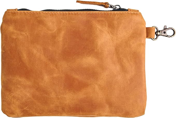 Leather Golf Ball Pouch – Genuine Leather Golf Zipper Pouch for Tees & Valuables, Golf Bag Accessory with Metal Clip 7.8" x 6", Compact Golf Organizer for Men & Women, Warm Brown