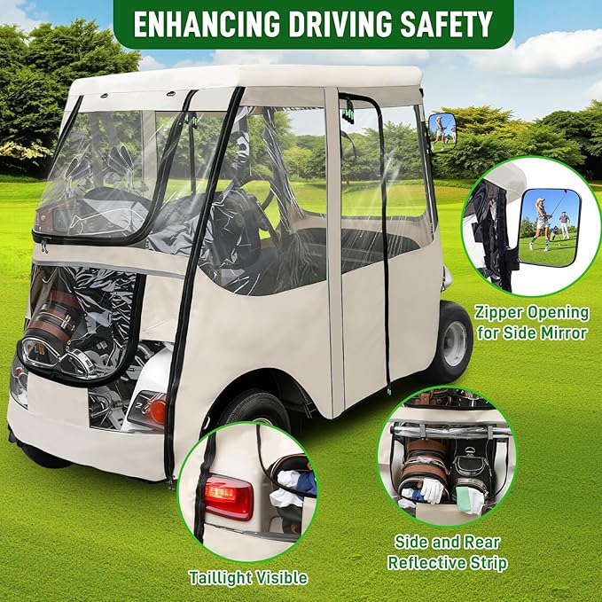 Golf Cart Deluxe Driving Enclosure 2 Passengers Fits EZGO TXT & RXV Golf Cart, Fits Short Roof 40.94" W and 59.05" L, Clear Window with Door Zippers 600D Heavy Duty Drivable Rain Covers