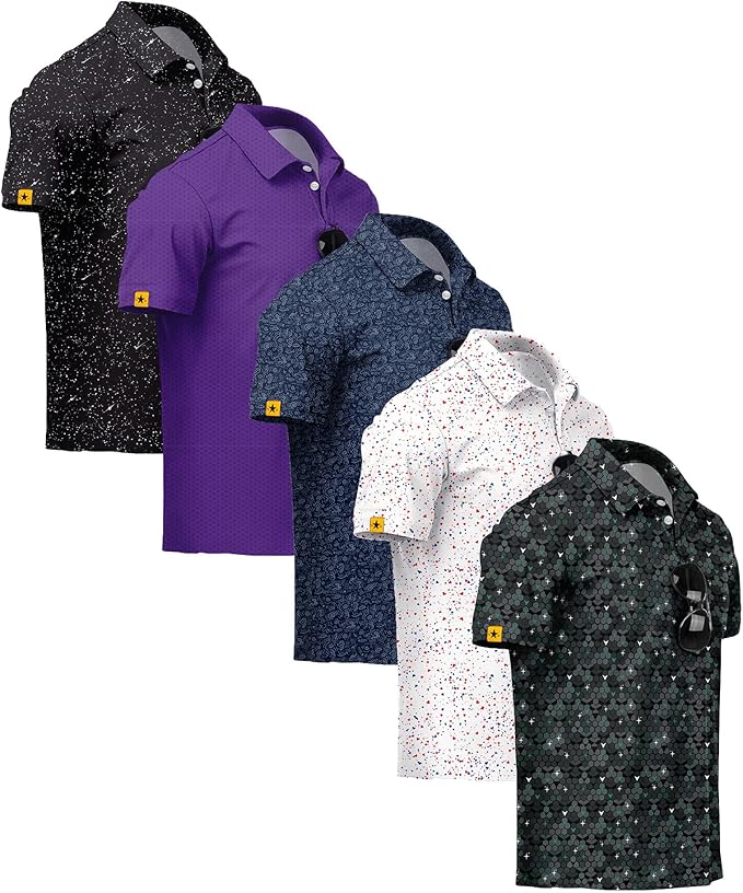 ZITY 5 Pack Mens Golf Shirt Short Sleeve UPF 50+ Moisture Wicking Performance Print Patterns Casual Golf Polo Shirts for Men