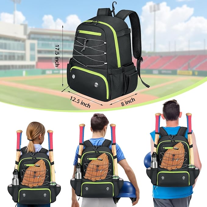 MATEIN Baseball Bat Bag for 4 Bats with Ball Pocket, Lightweight Youth Baseball Backpack with Shoe Compartment, Large Capacity Softball Equipment Bag with Fence Hook for TBall Gear, Helmet, Glove