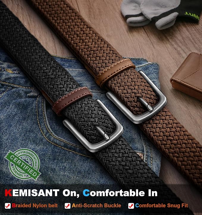 KEMISANT Men's Golf Belt 2 Pack-Braided Woven Stretch Belt for Gift Men Casual Jeans Sports Work 1 3/8"