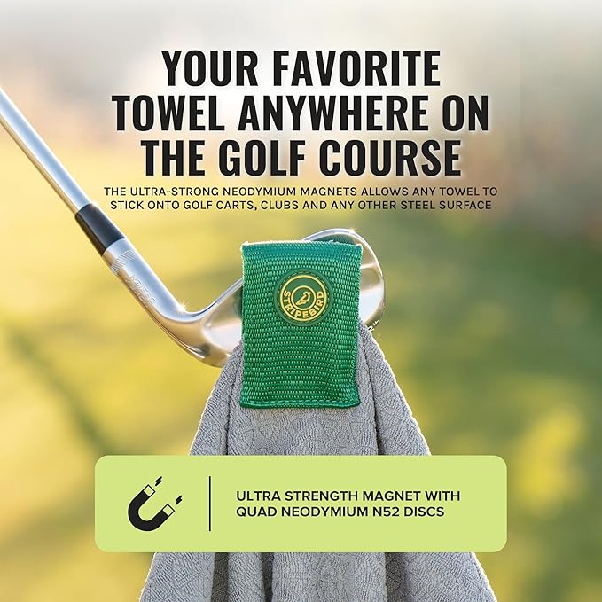 Stripebird Magnetic Clip for Any Towel - Fairway Green Golf Towel - Highest Strength Magnet - Removable