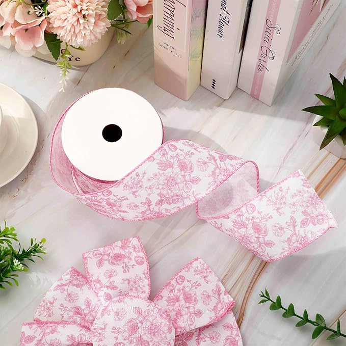 AnyDesign Floral Wired Edge Ribbon Roll Pink Flower Ribbon Chinoiserie Fabric - Image 3