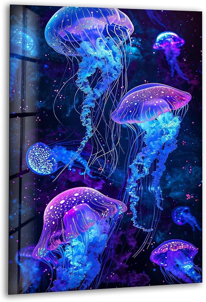 My Photostation.com 40WX60H'' Glowing Jellyfish Glass Wall Art Tempered Glass by MyPhotostation